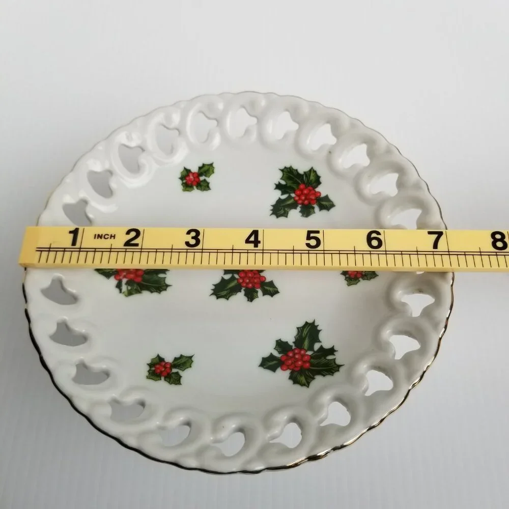 Vintage Lefton Holly Christmas Porcelain Compote Gold Trim Pedestal Japan 7956